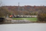 After finishing its yard work, PESI pulls toward the Illinois River bridge